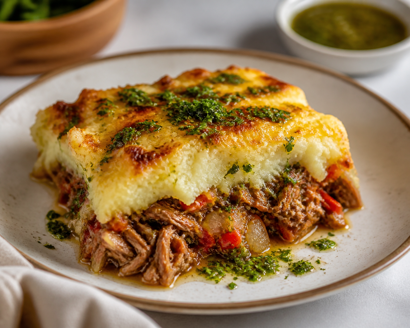 Pastel de papas criollo con roast beef al chimichurri suave y gratín de provoleta