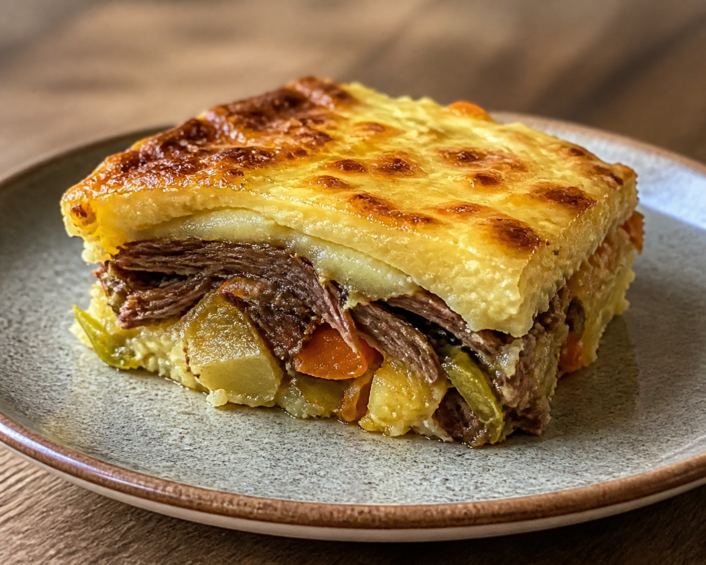 Pastel de Papas Rústico con Vacío Braseado, Puerros al Verdeo y Costra de Provolone