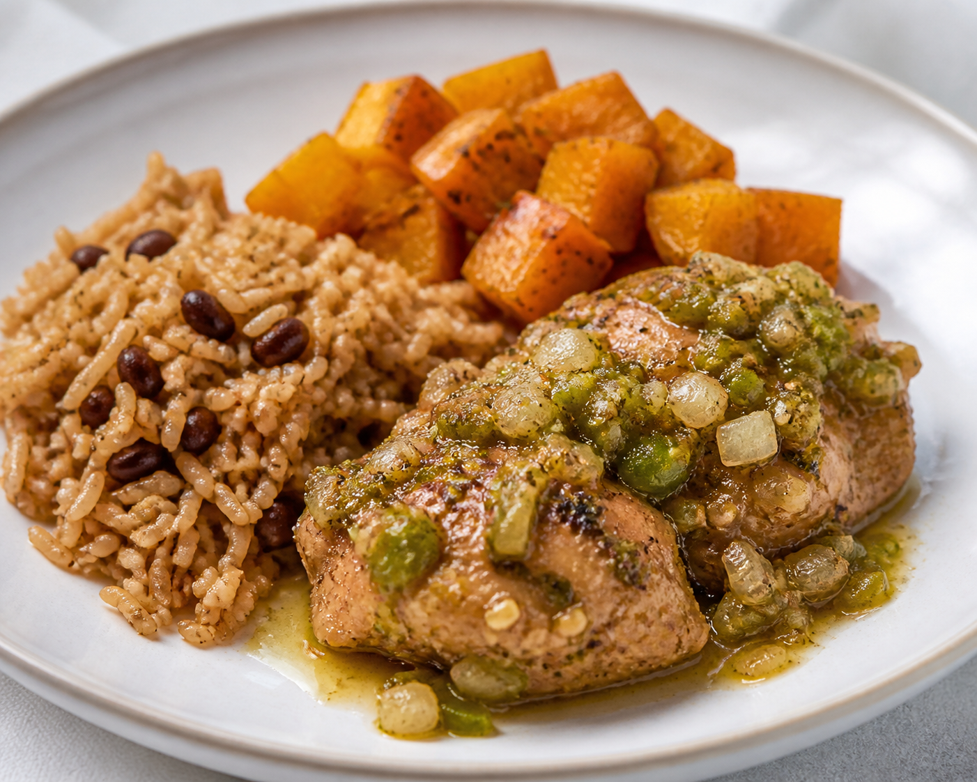 Pollo Cubano al Sofrito de Ajo Asado y Limón con Arroz Moro Suelto y Calabaza al Orégano