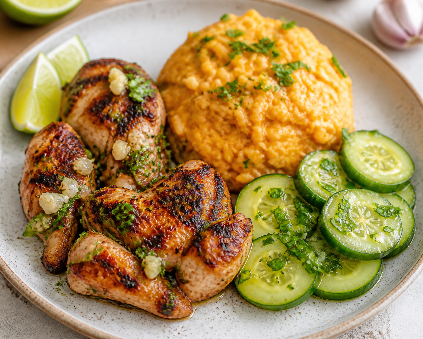 Pollo Cubano en Adobo de Ajo y Limón con Arroz Meloso de Calabaza y Pepino Encurtido Rápido