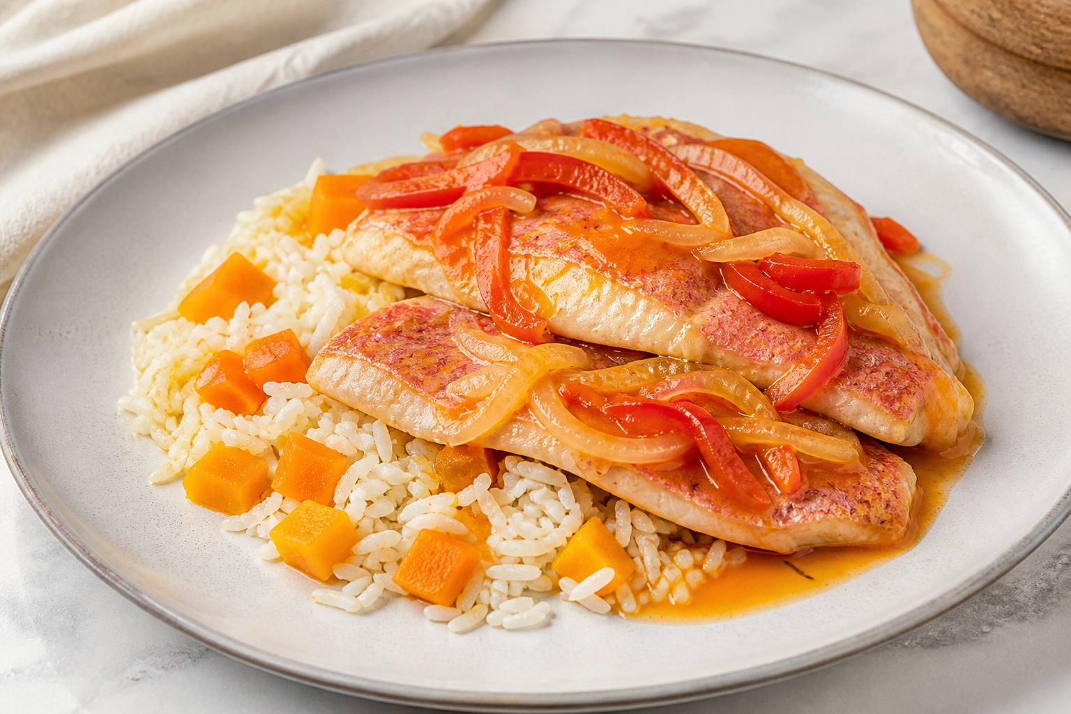 Cuban Red Snapper in Warm Sweet Pepper Escabeche with Creamy Pumpkin Rice
