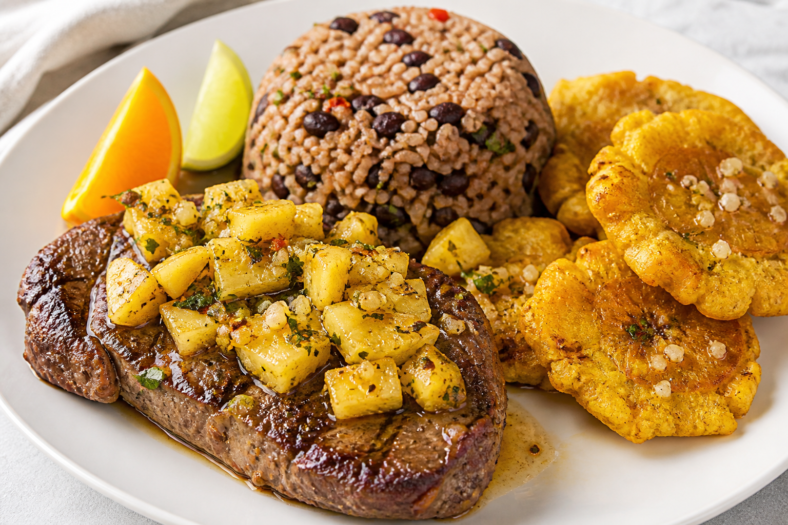Bistec Cubano de Res con Mojo de Piña Asada, Moros Sueltos y Tostones de Ajo