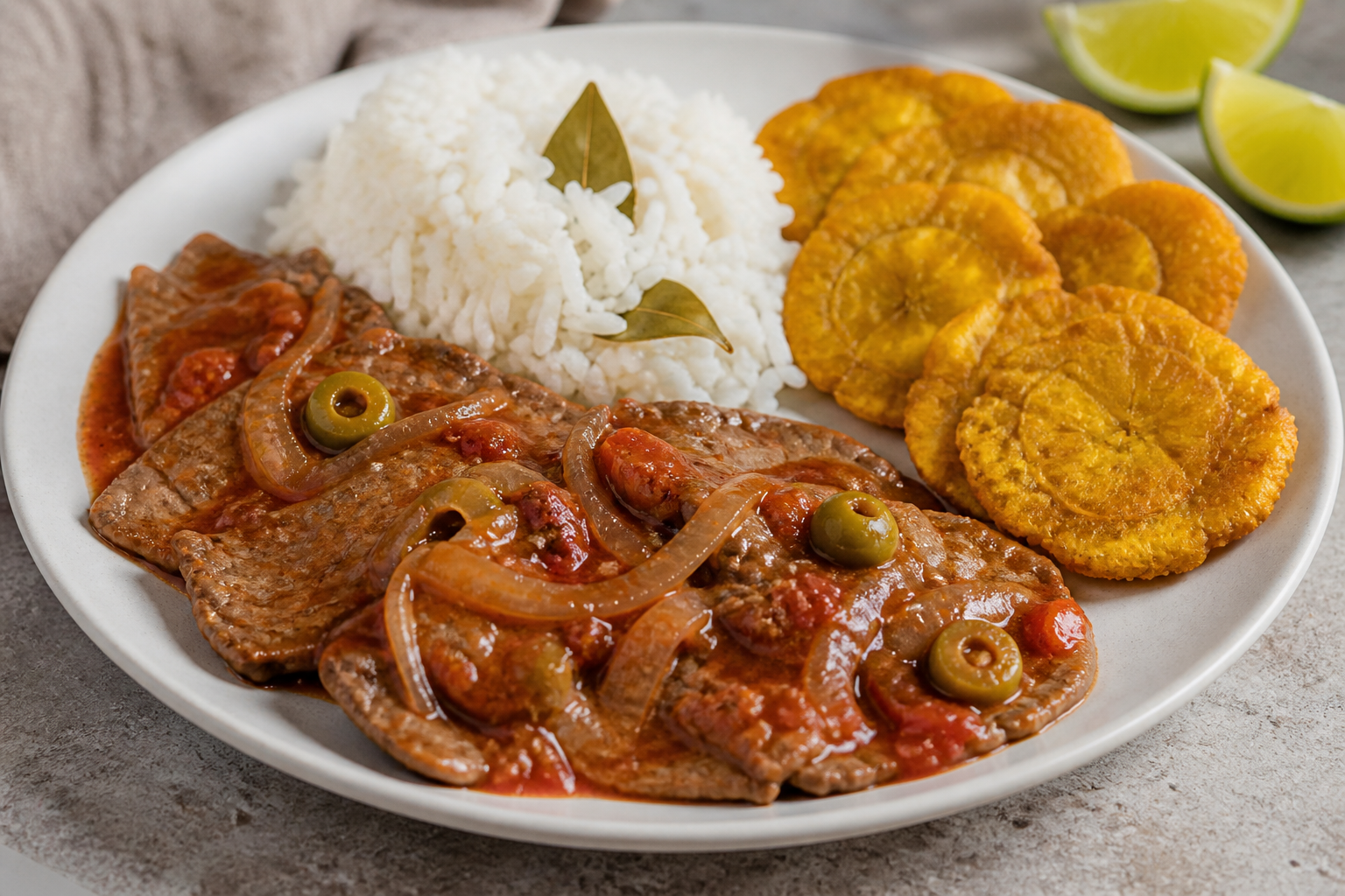 Cuban Beef Steak in Onion, Olive and Tomato Sauce with Bay Leaf Rice and Green Plantain Tostones