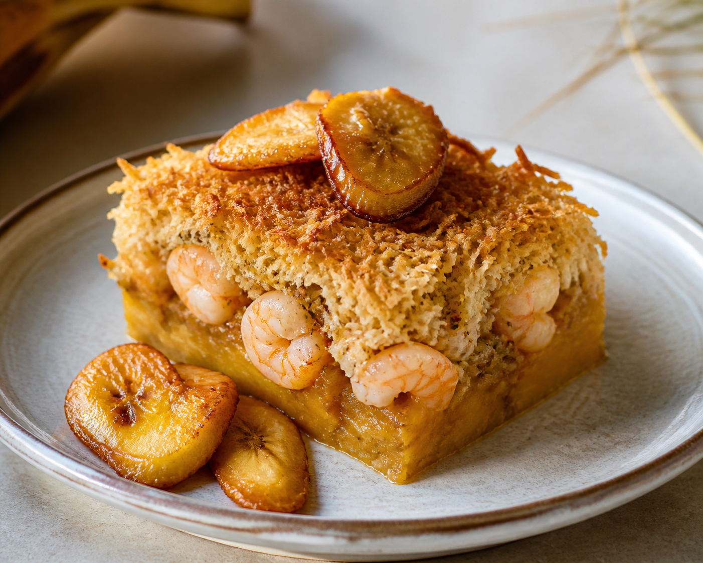 Cazuela de amarillos y camarones al sofrito de coco con costra de casabe