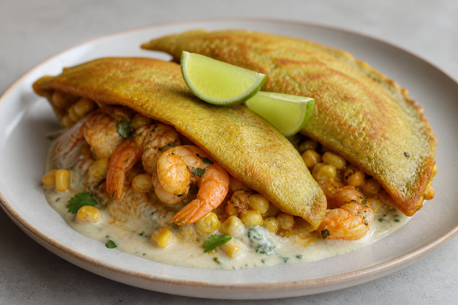 Pastelillos de plátano verde rellenos de camarones al sofrito con crema ligera de maíz y lima