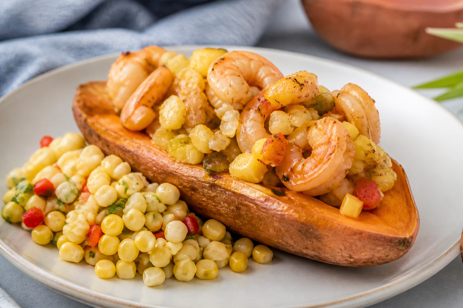 Canoa de batata con camarones al sofrito de piña y ensalada tibia de maíz tierno
