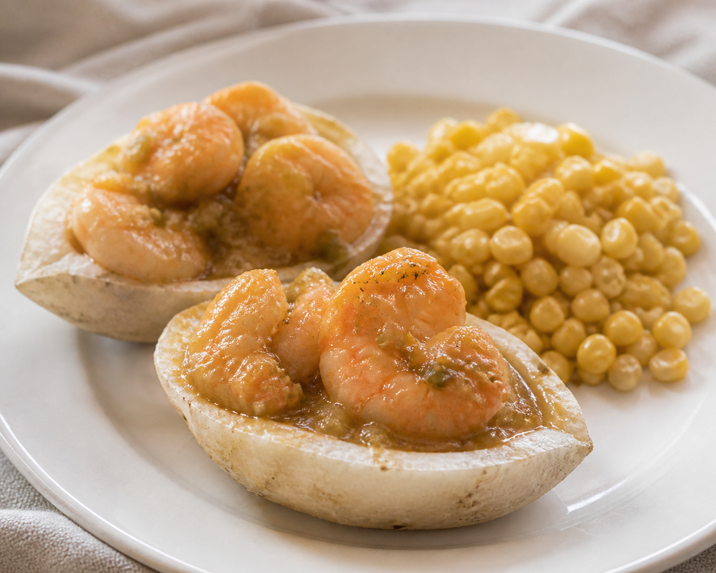 Canoitas de yautía con camarones al sofrito de coco y ensalada tibia de maíz tierno
