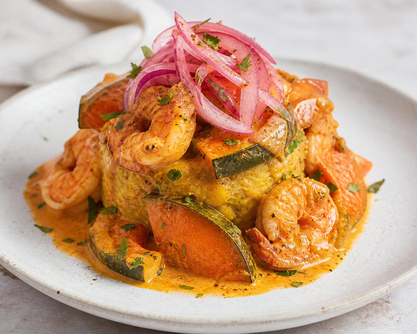 Mofongo cremosa de camarones al achiote con calabaza asada y cebolla encurtida de limón