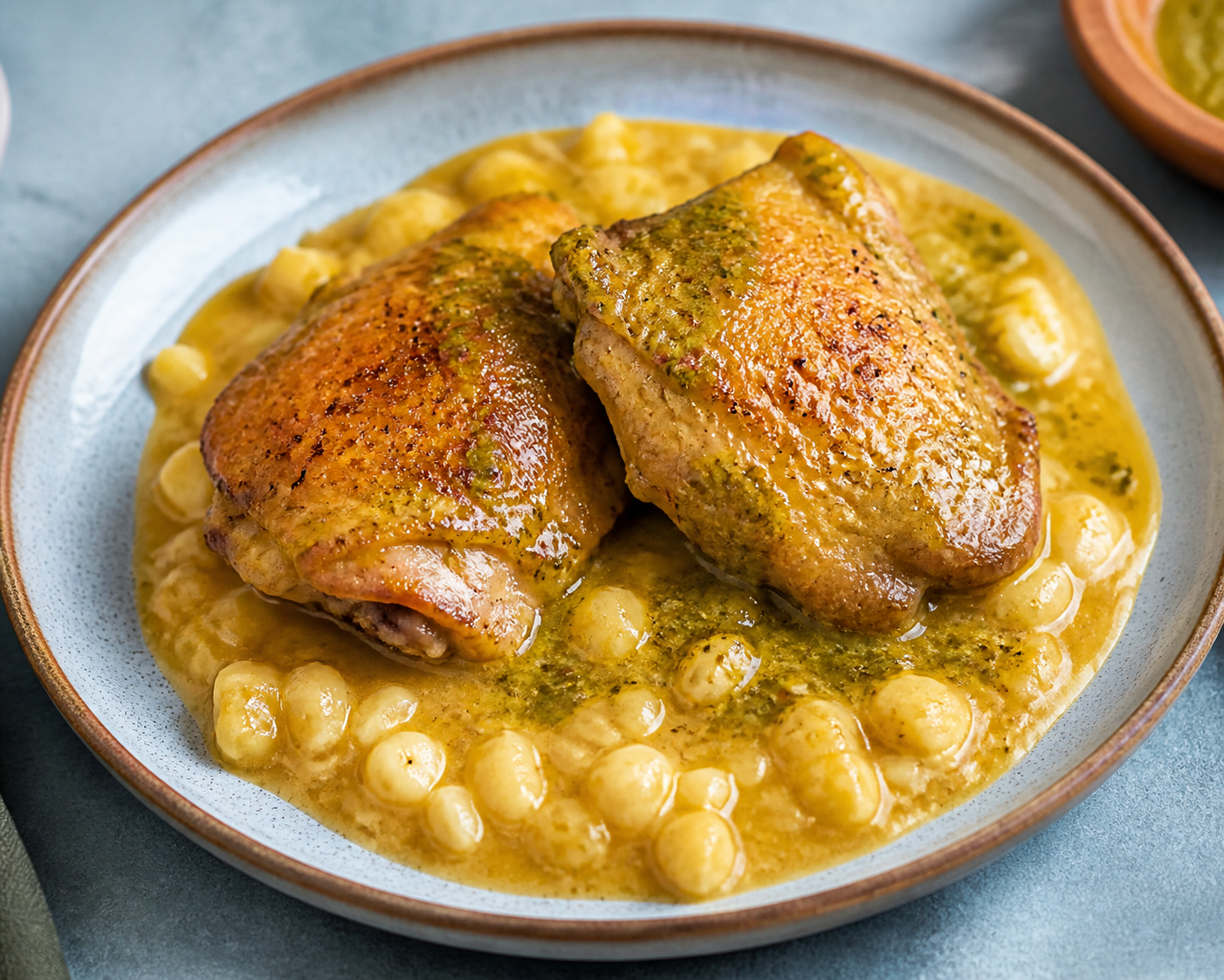 Pollo Colombiano en Salsa de Lulo y Hierbas con Mote Cremoso de Maíz Tierno