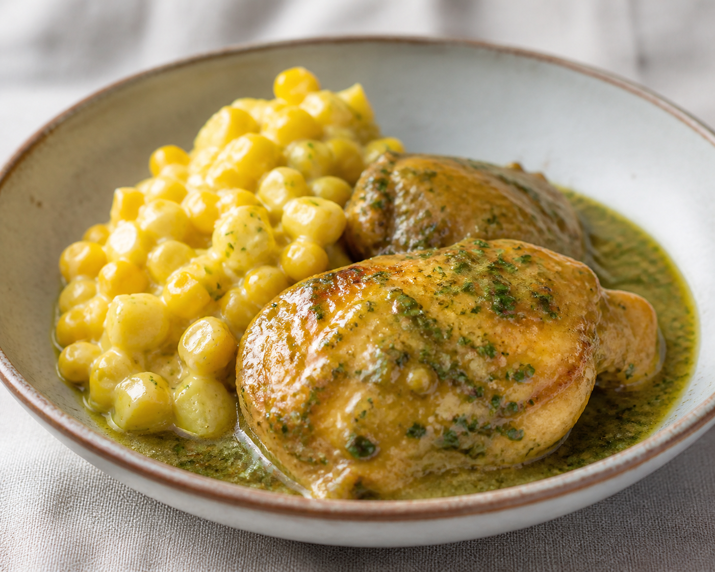 Highland Chicken in Lulo Herb Sauce with Creamy Creole Potato Hominy