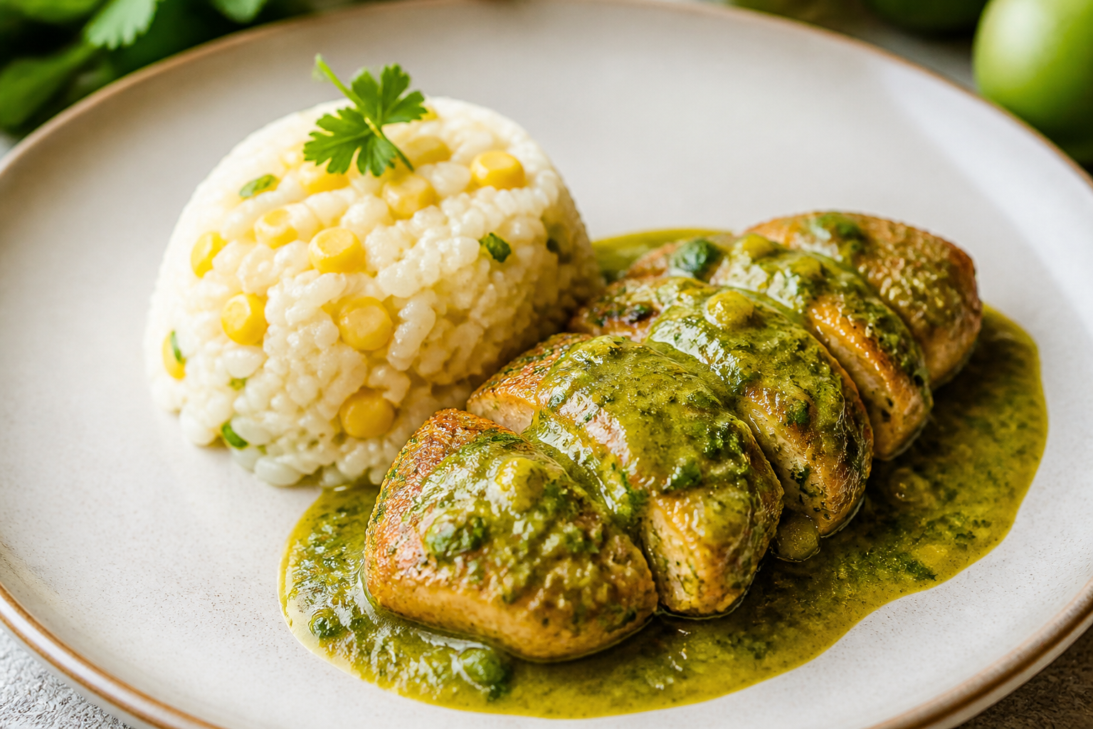 Pollo Criollo en Salsa de Lulo y Hierbas con Arroz Cremoso de Maíz Tierno