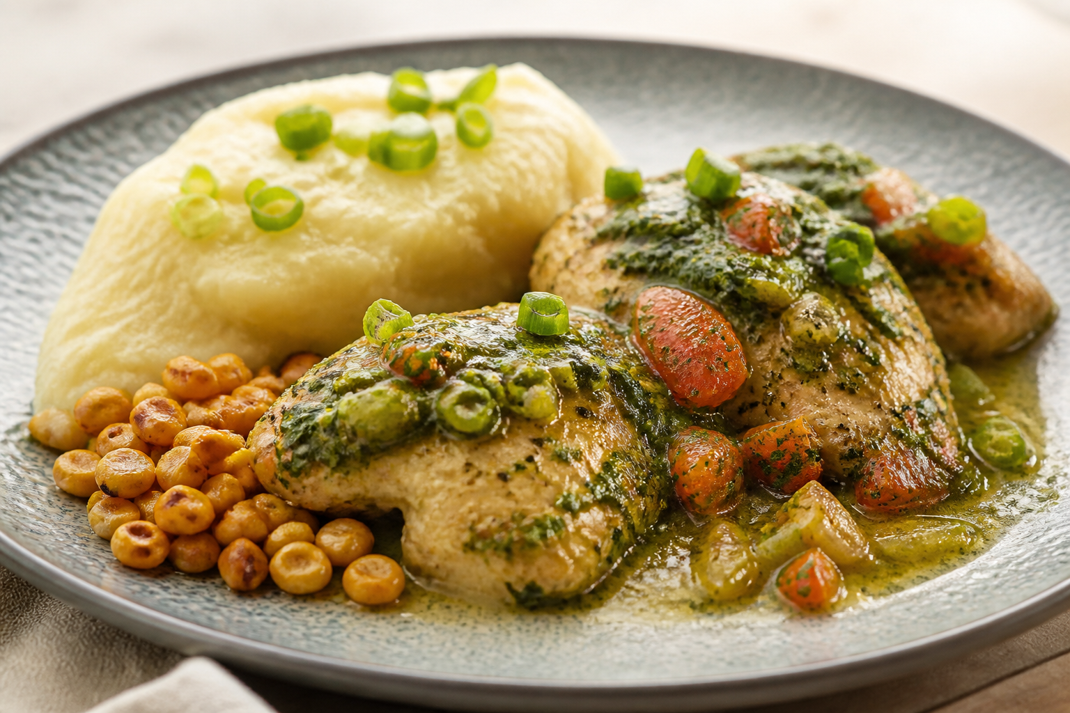 Colombian Chicken in Lulo-Cilantro Sauce with Soft Yuca Mash and Toasted Corn