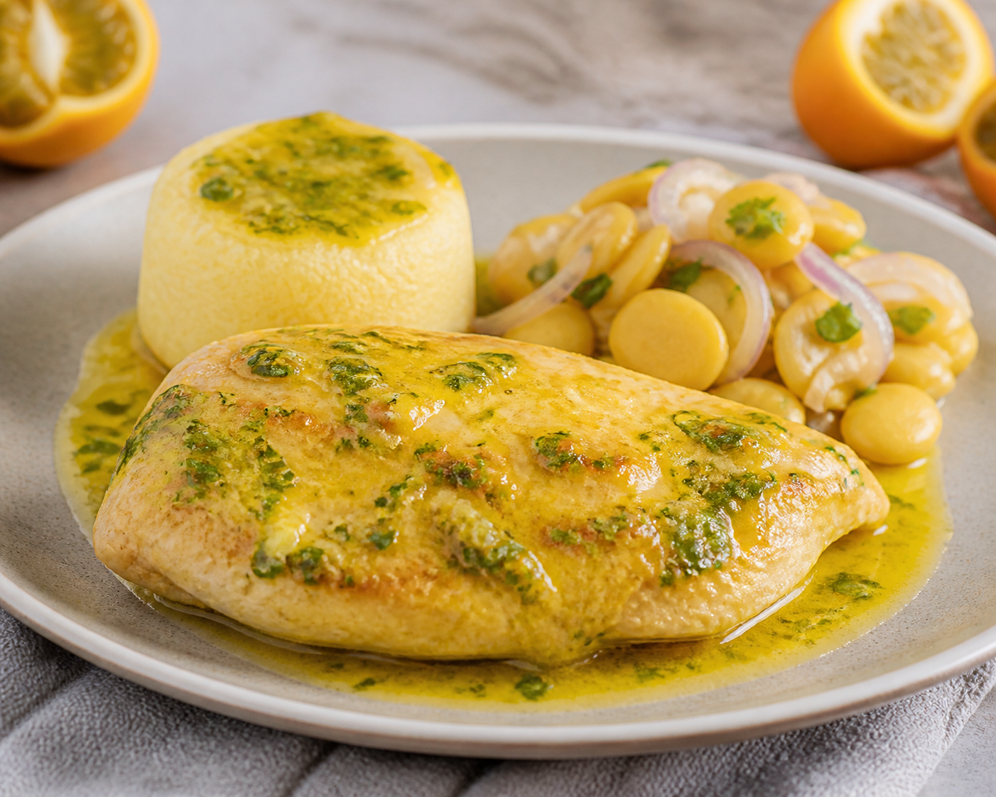 Ecuadorian chicken breast in naranjilla-cilantro sauce with soft yuca cake and warm lupin salad