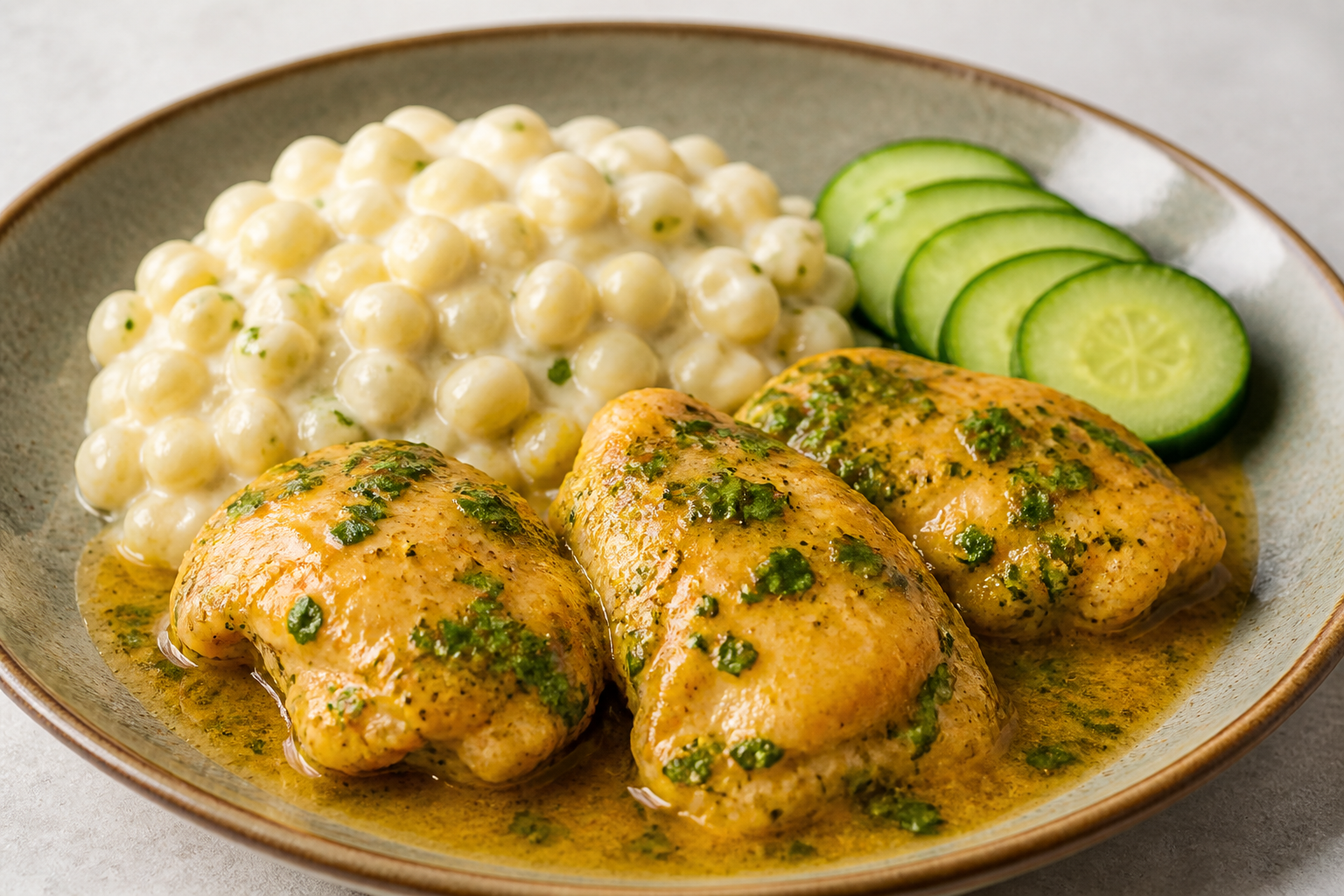 Ecuadorian chicken in naranjilla-cilantro sauce with creamy hominy and pickled cucumber