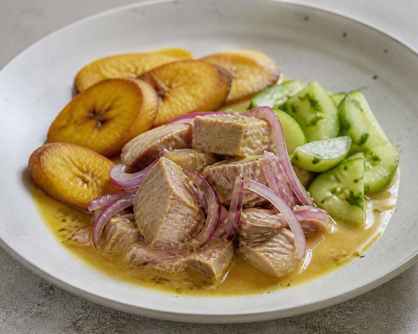 Manabí-Style Albacore Stew with Roasted Green Plantain and Herbed Cucumber