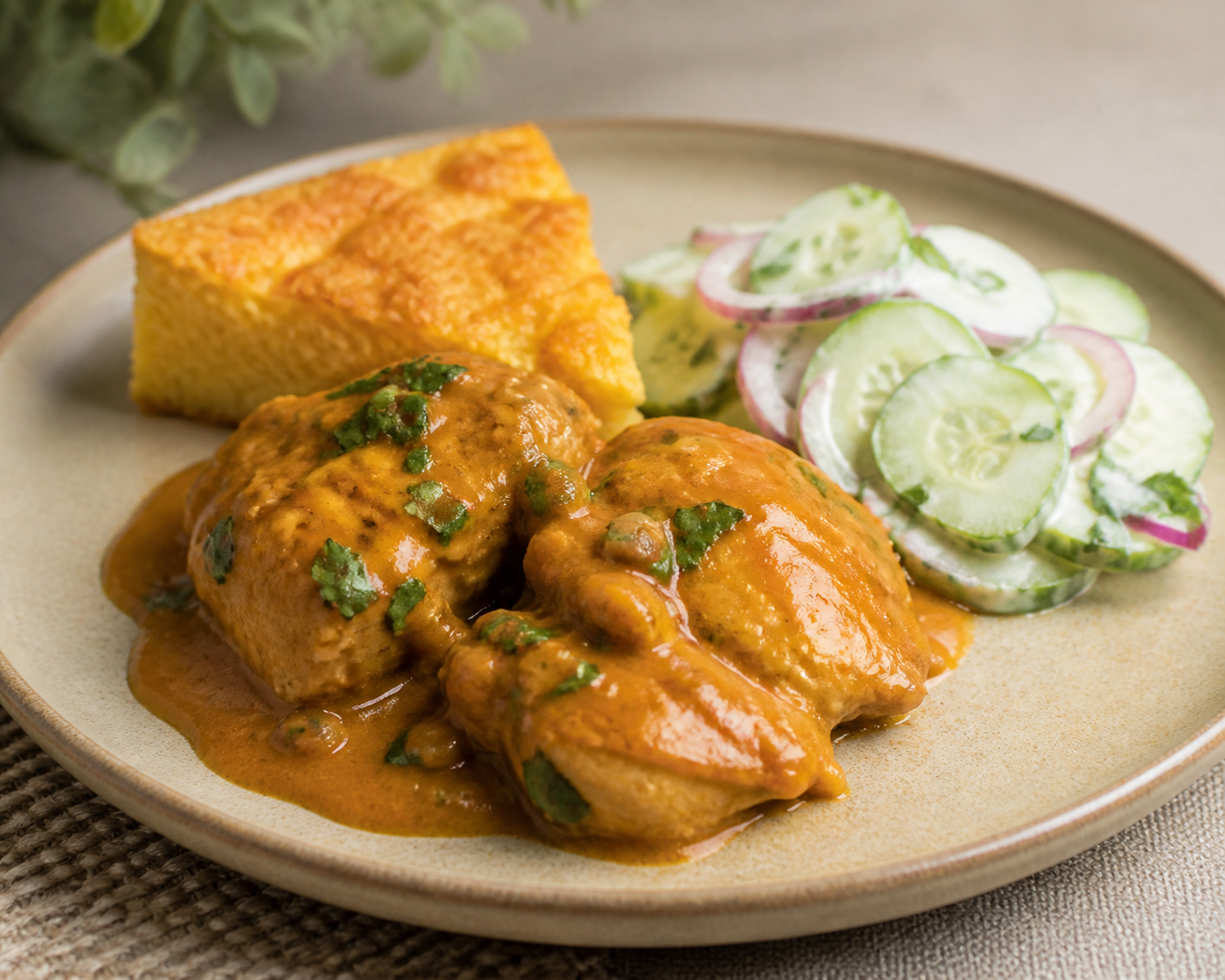 Pollo ecuatoriano en salsa de naranjilla y maní con pastel dorado de yuca y ensalada fresca de pepino