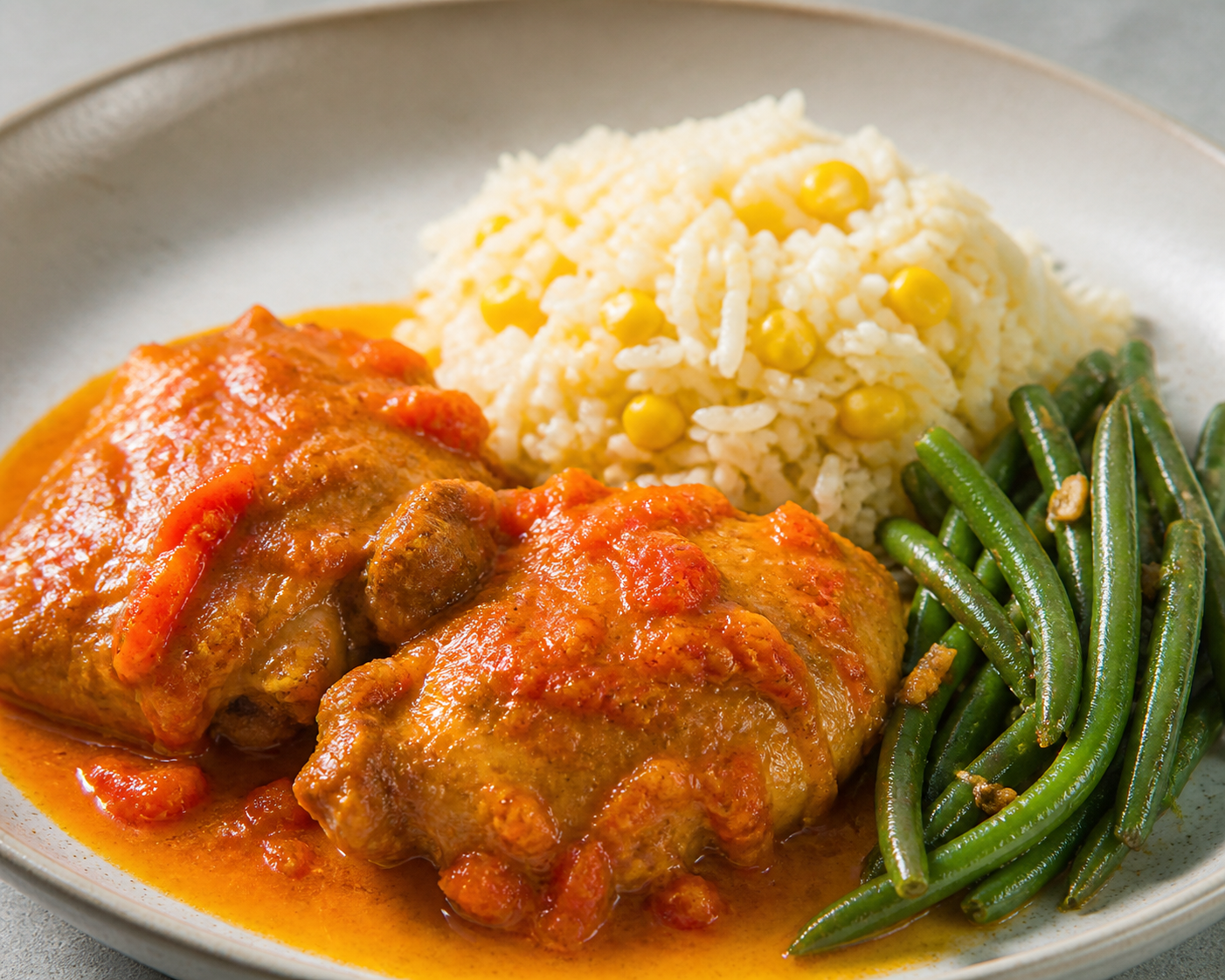 Pollo Catracho en Recado de Marañón Asado y Chile Dulce con Arroz de Maíz y Ejotes al Ajo