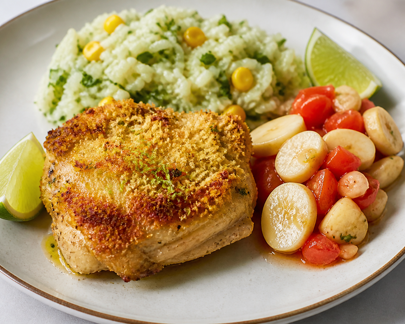 Brazilian Baked Chicken with Coconut-Lime Crust, Creamy Green Corn Rice, and Warm Tomato Hearts of Palm Vinaigrette
