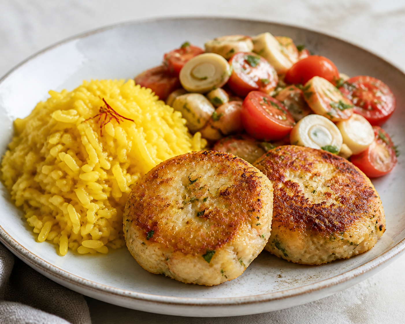 Bolinhos Brasileños de Pescado con Leche de Coco, Arroz de Azafrán y Ensalada Tibia de Tomate y Corazones de Palma