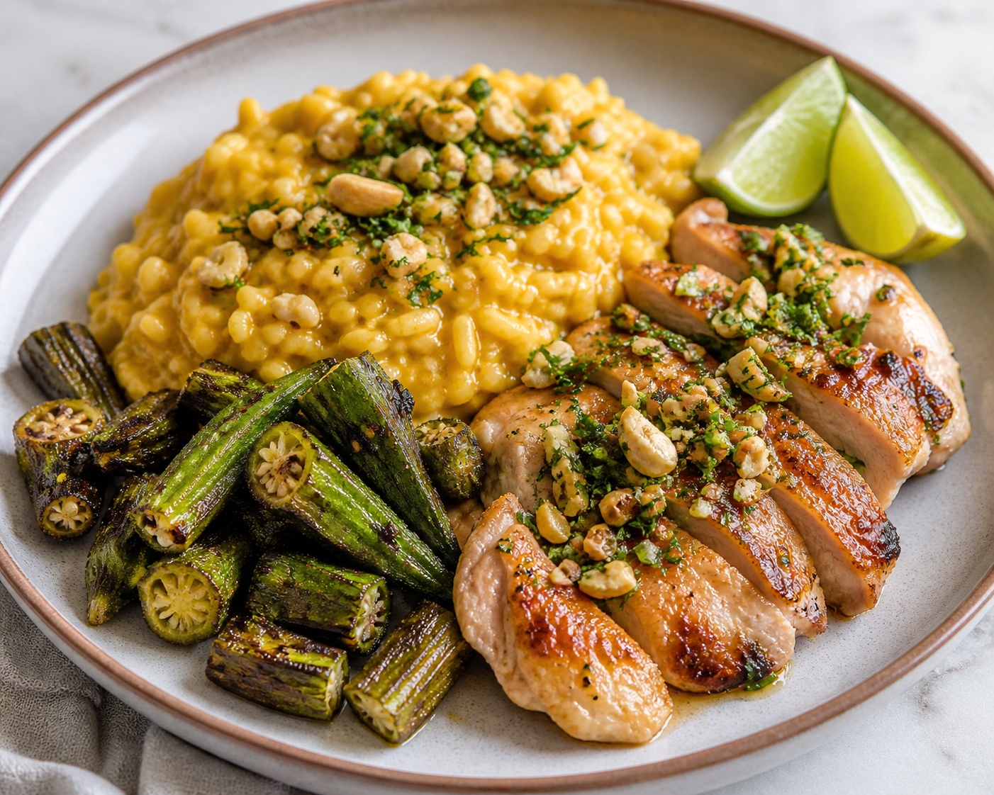 Brazilian Creamy Pumpkin-Coconut Rice with Lime Chicken, Roasted Okra and Cashew Gremolata