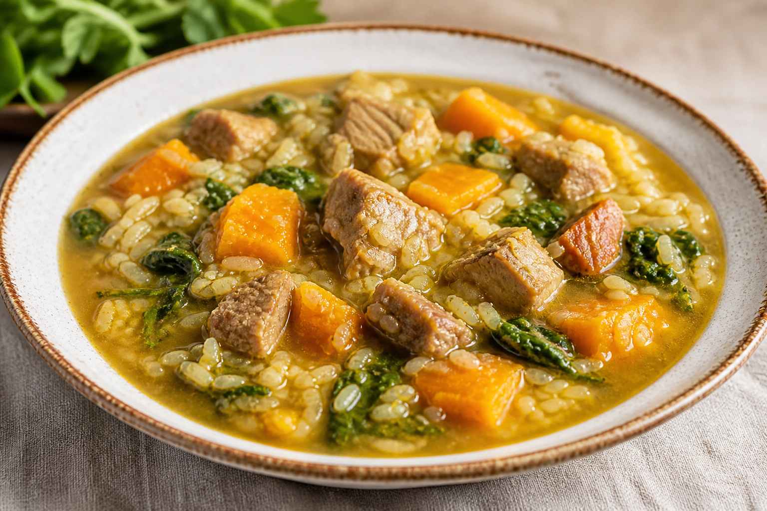 Dominican Soupy Rice with Pork, Pumpkin, and Watercress