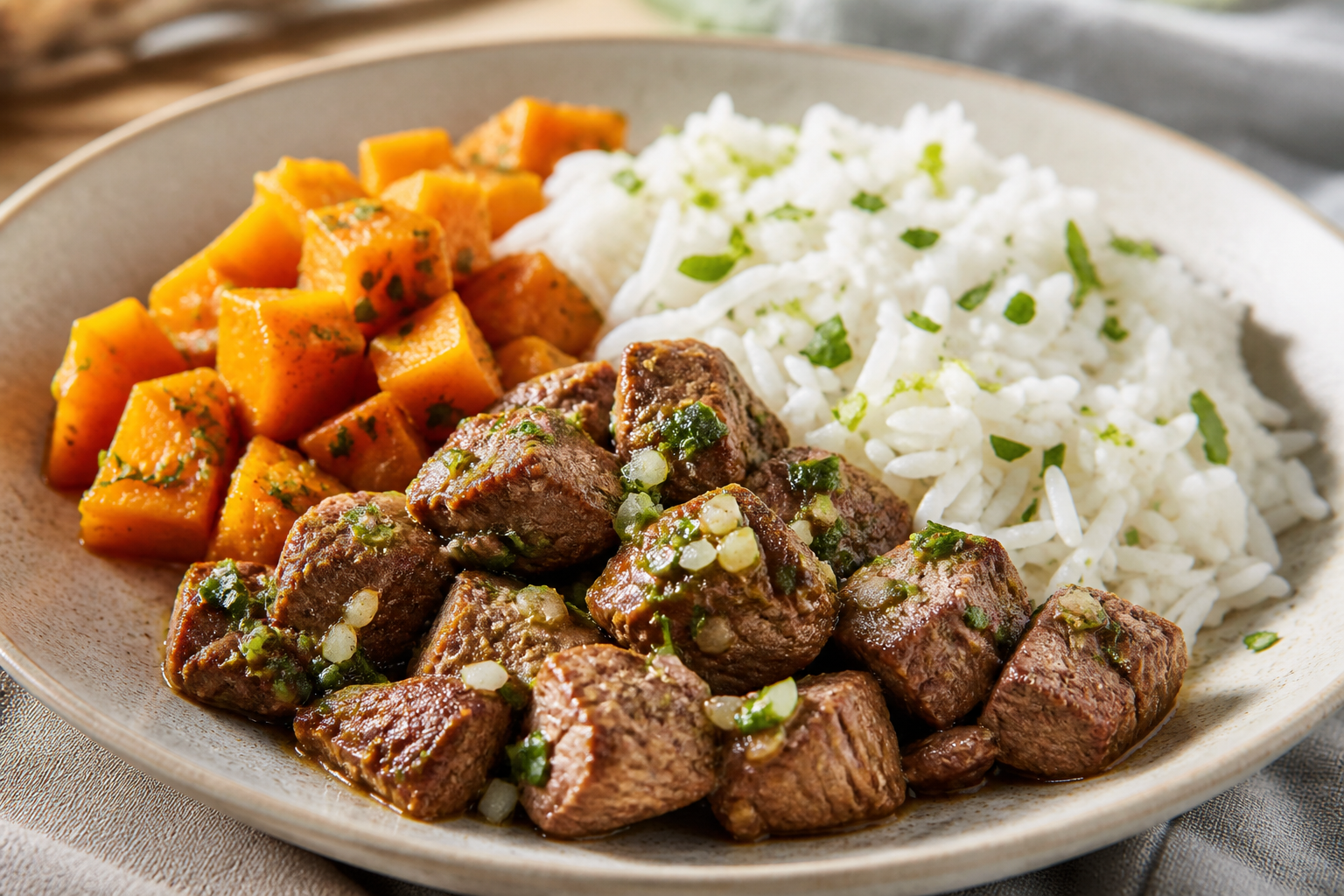 Brazilian Beef Picadinho with Spiced Pumpkin, Coconut Rice, and Lime Vinaigrette