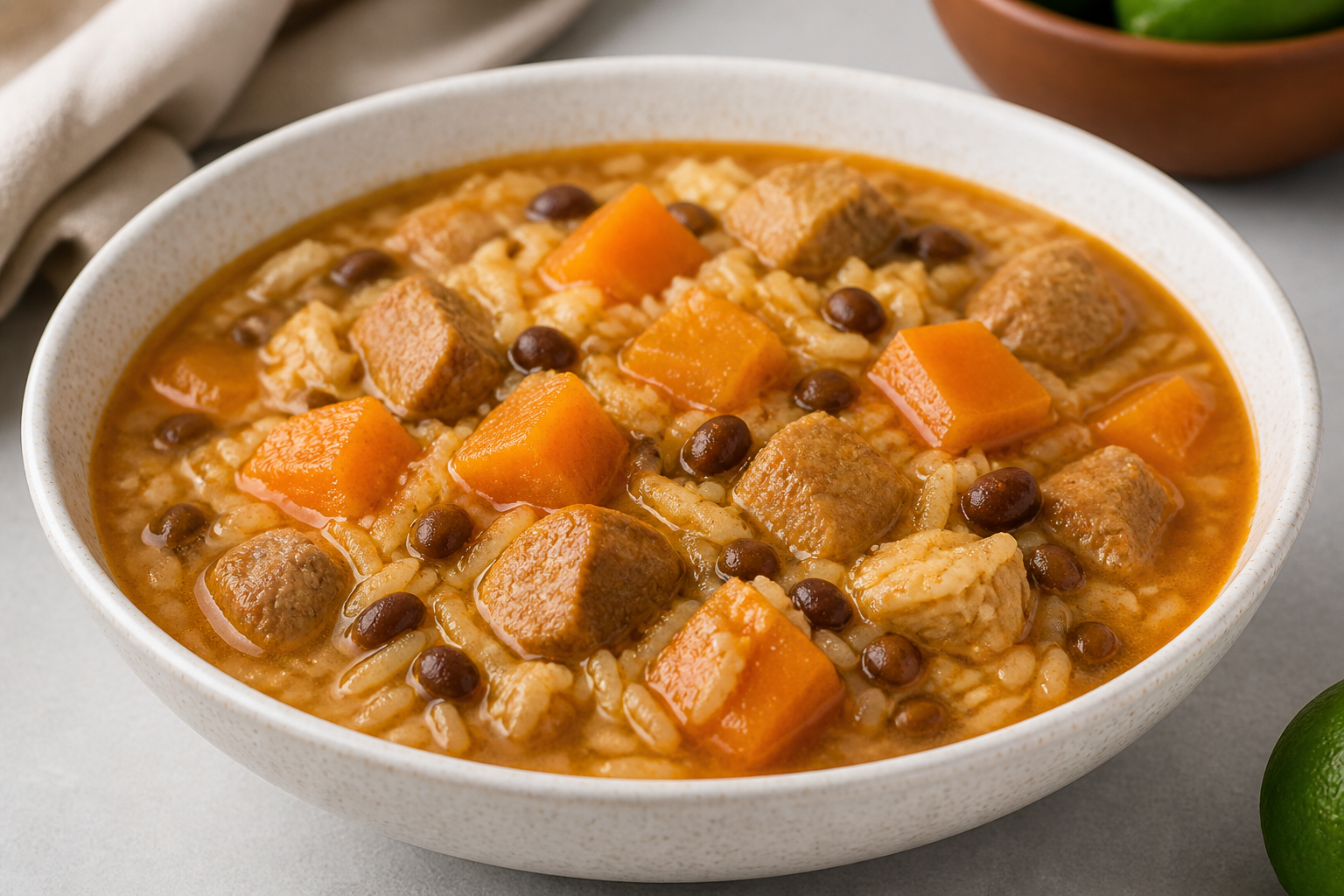 Arroz Caldoso Dominicano de Cerdo, Guandules y Batata con Toque de Naranja Agria