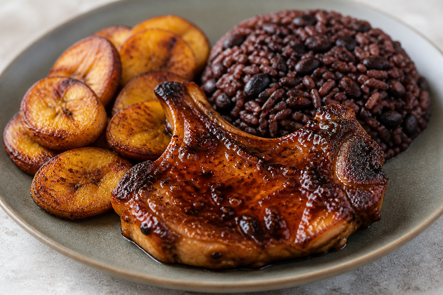 Dominican Caldero Pork Chops with Spicy Guava Glaze, Black Bean Rice and Fried Green Plantains