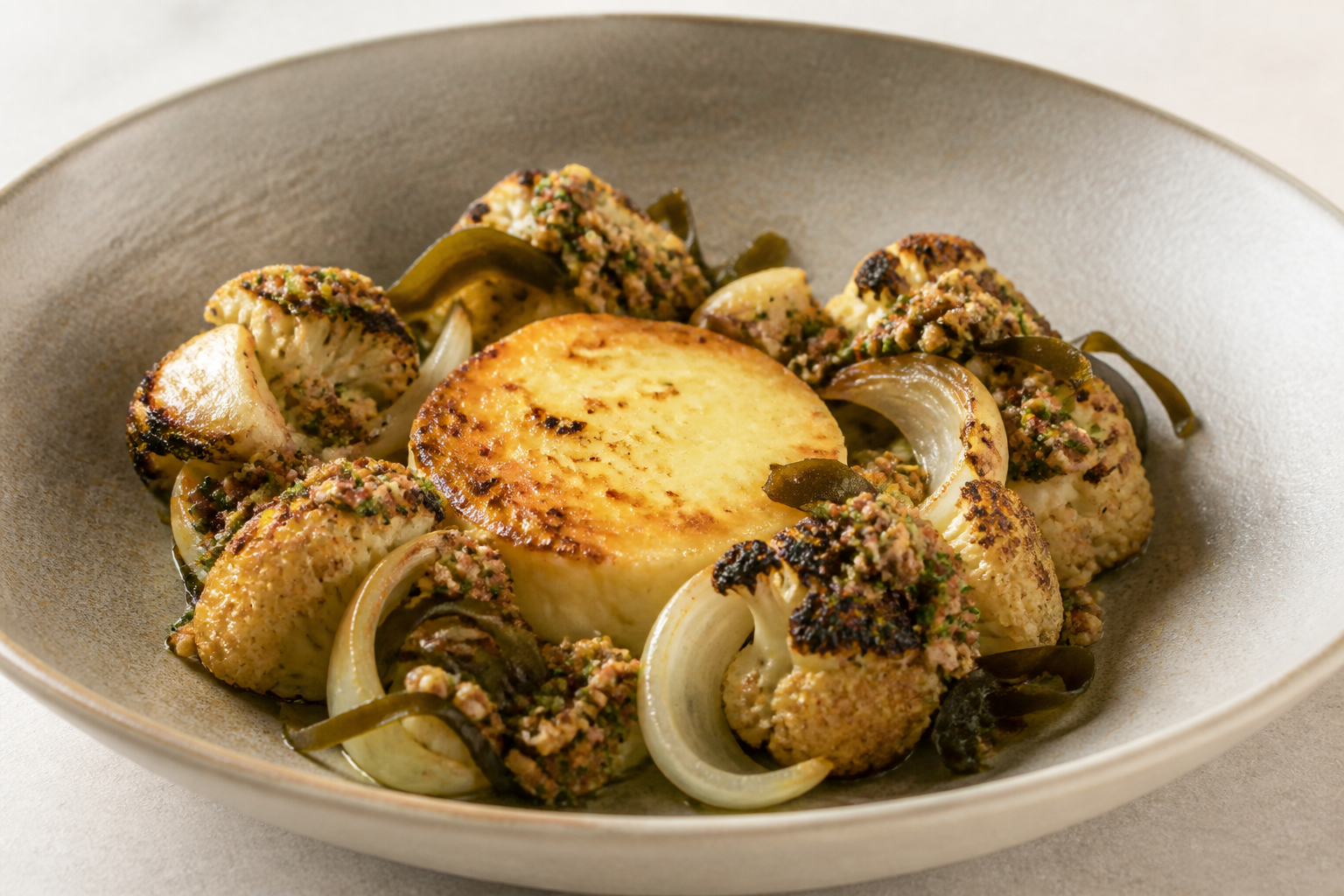 Chilean Roasted Cauliflower, Kelp and Chanco Cheese Pudding with Walnut Pebre