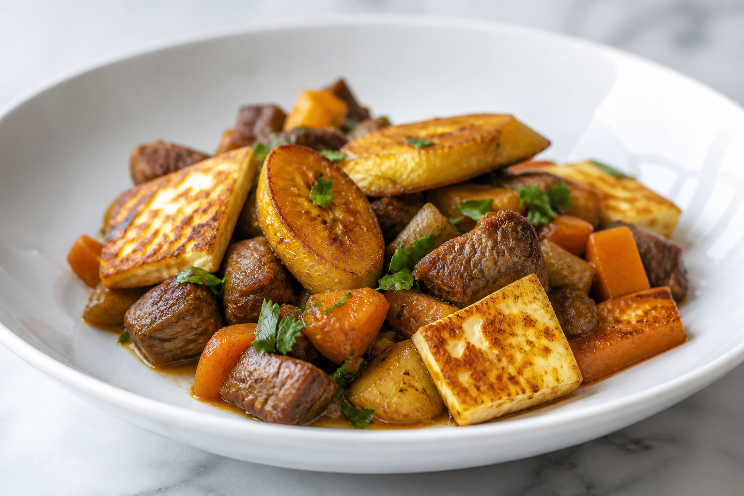 Dominican Sweet Plantain Casserole with Braised Beef, Spiced Pumpkin, and Golden Frying Cheese