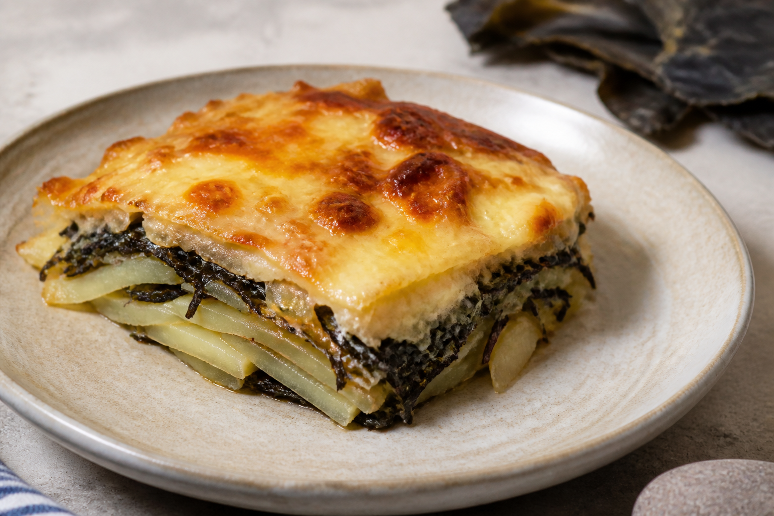 Pastel de Cochayuyo y Papas al Chanco con Cebolla Caramelizada al Vino Blanco