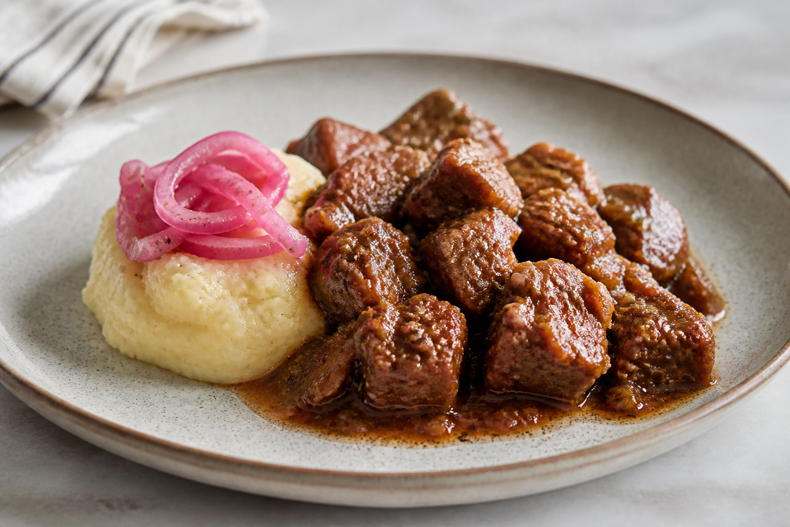 Dominican Coffee and Sour Orange Braised Pork with Mini Yuca Mash and Pickled Red Onion