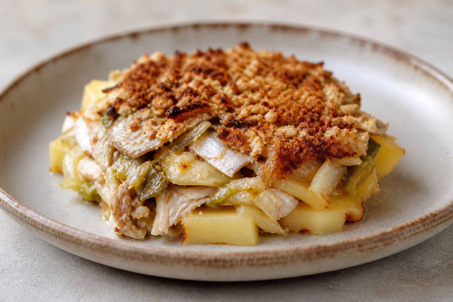 Chilean Potato Bake with Jack Mackerel, Roasted Leeks and Merkén Oat Crust