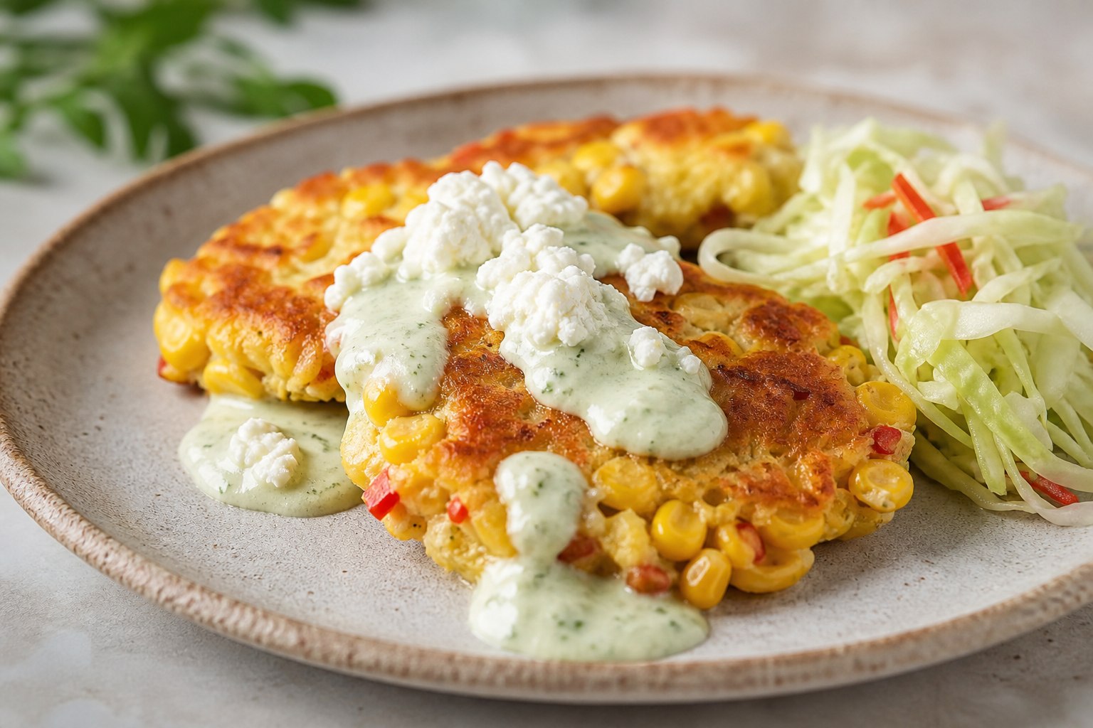 Golden Corn and Sweet Pepper Cakes with Ricotta, Loroco Cream, and Cabbage Slaw