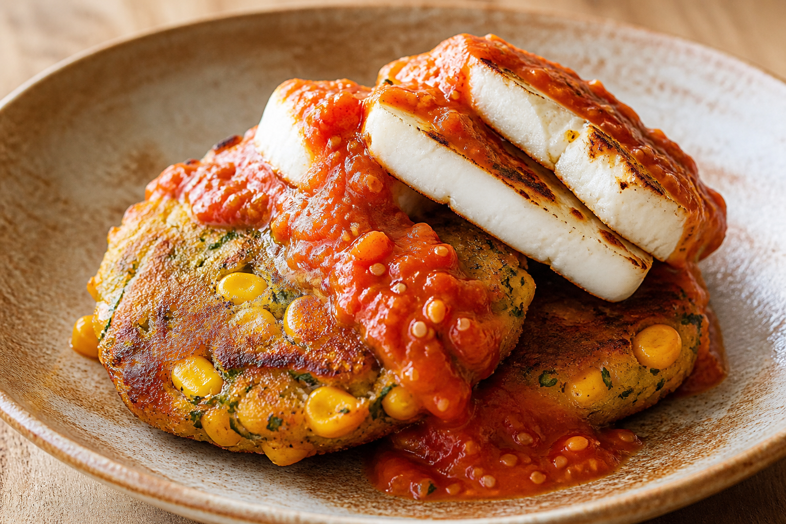 Salvadoran sweet corn and chipilín patties with seared fresh curd and roasted tomato sesame sauce