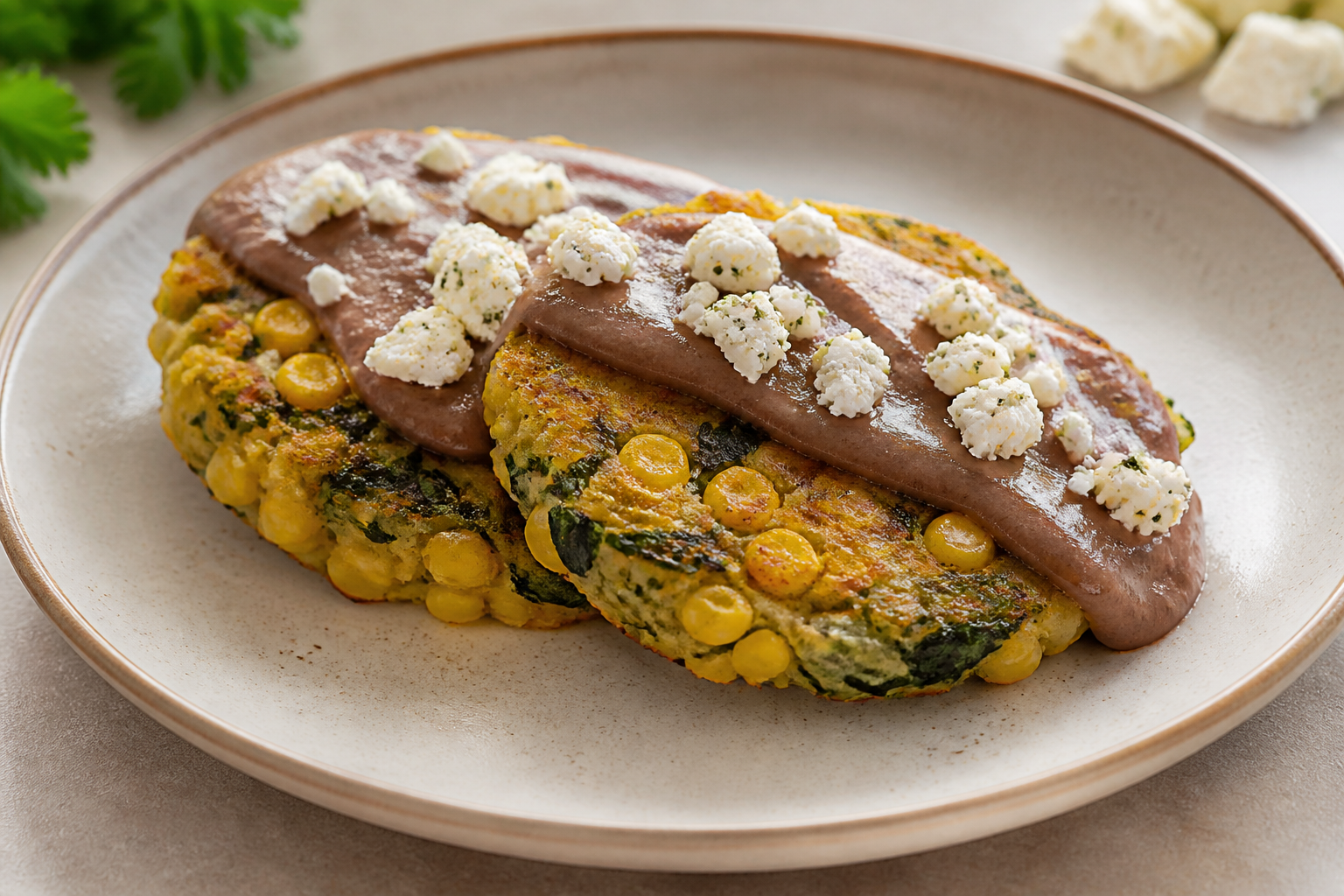 Tamalitos dorados de elote y espinaca con crema de frijol rojo y queso fresco al orégano