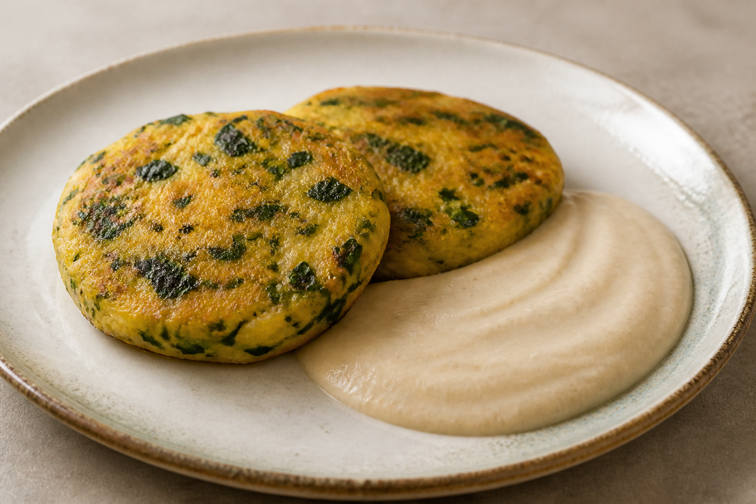 Golden Corn and Chipilín Cakes with White Bean Alguashte Cream