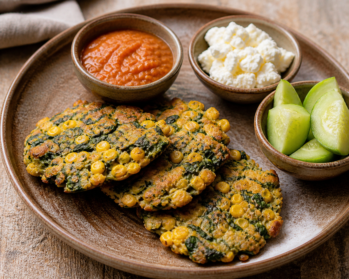 Tortitas salvadoreñas de maíz tierno y espinaca con cuajada, salsa de tomate asado y pepino curtido