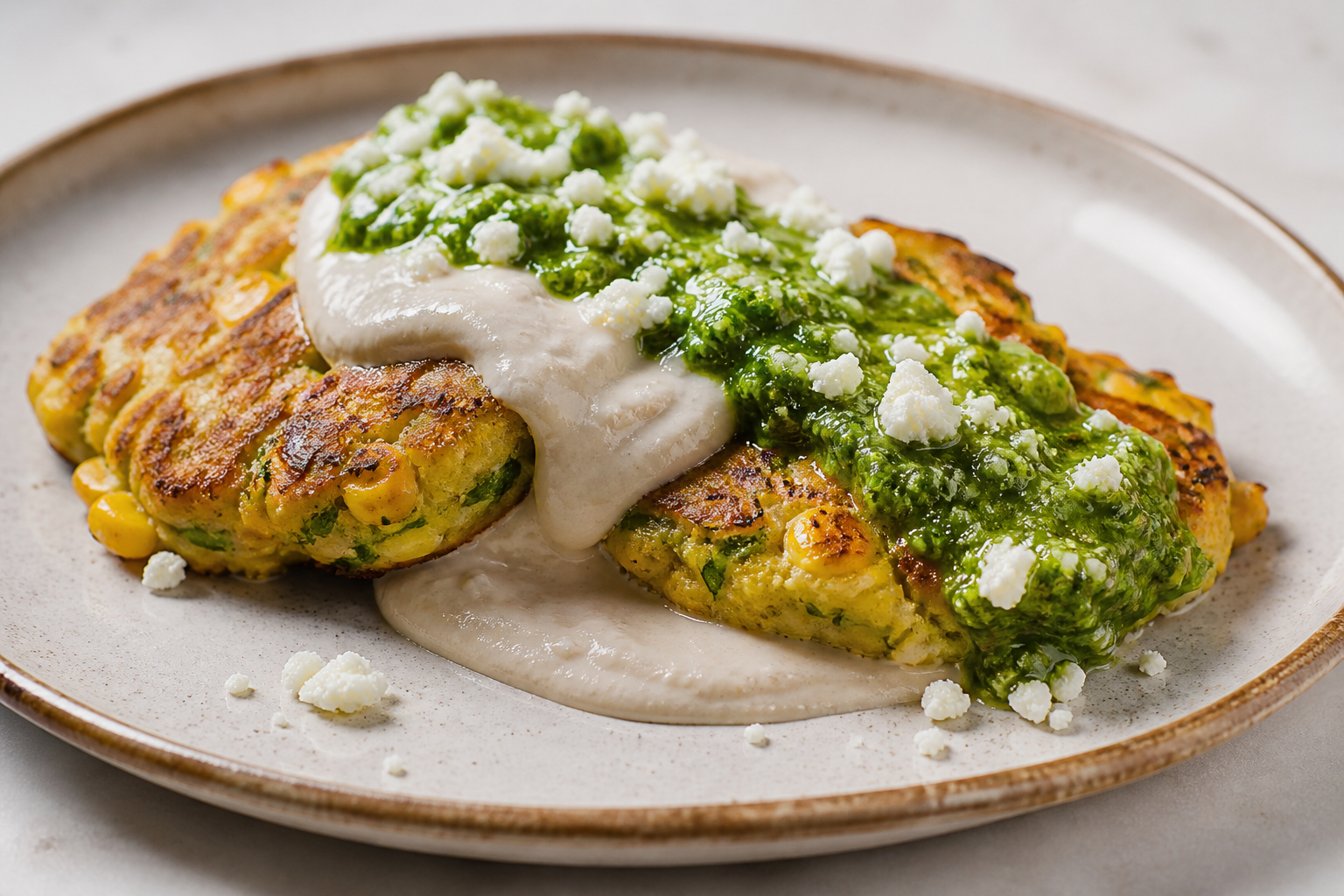 Golden sweet corn and loroco cakes with white bean cream and tomatillo chirmol