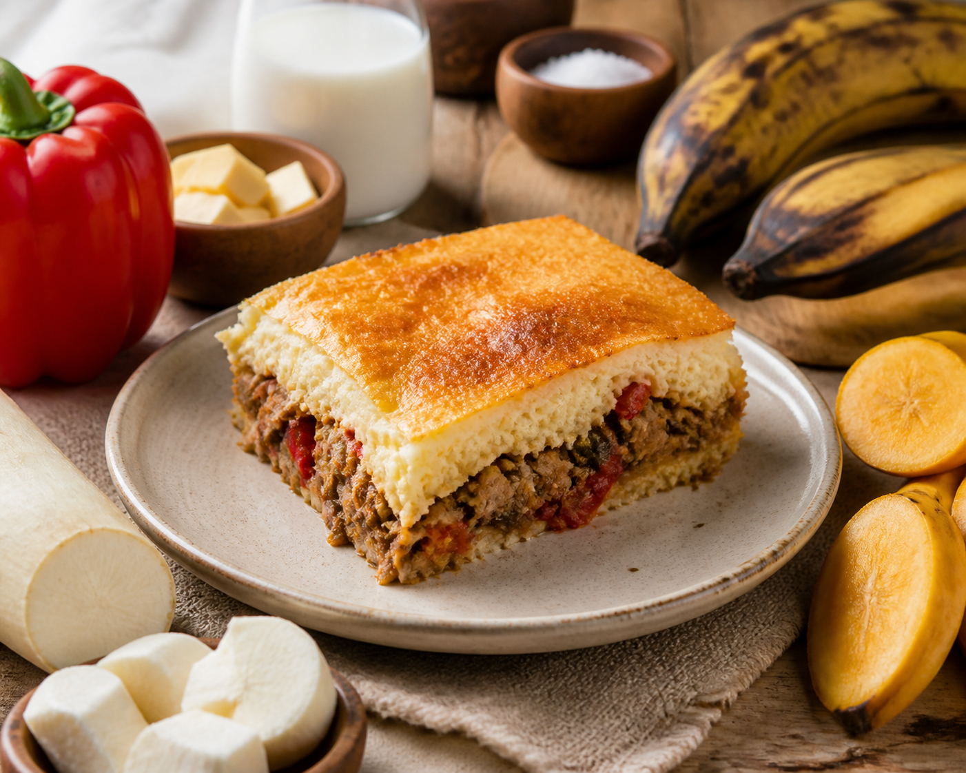 Yuca Pie with Plant-Based Wild Savory Filling, Sweet Pepper, Ripe Plantain and Llanero Cheese Crust
