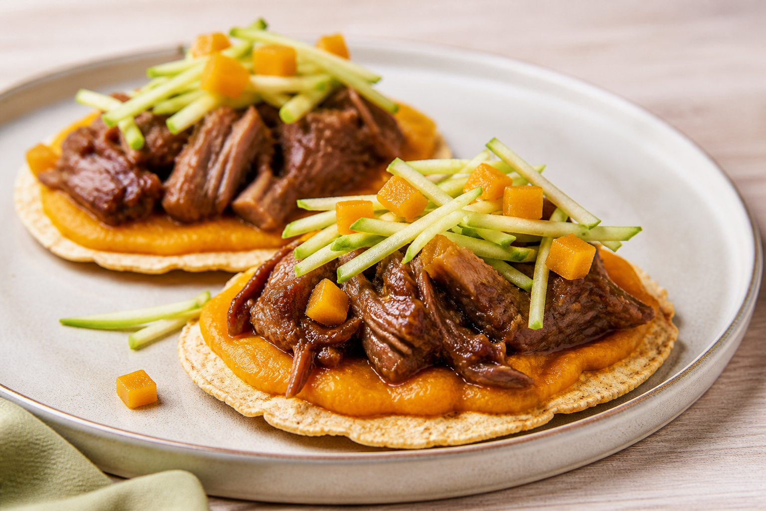 Llanero Casabe Tostadas with Coffee-Braised Pork, Pumpkin Cream, and Green Mango Salad