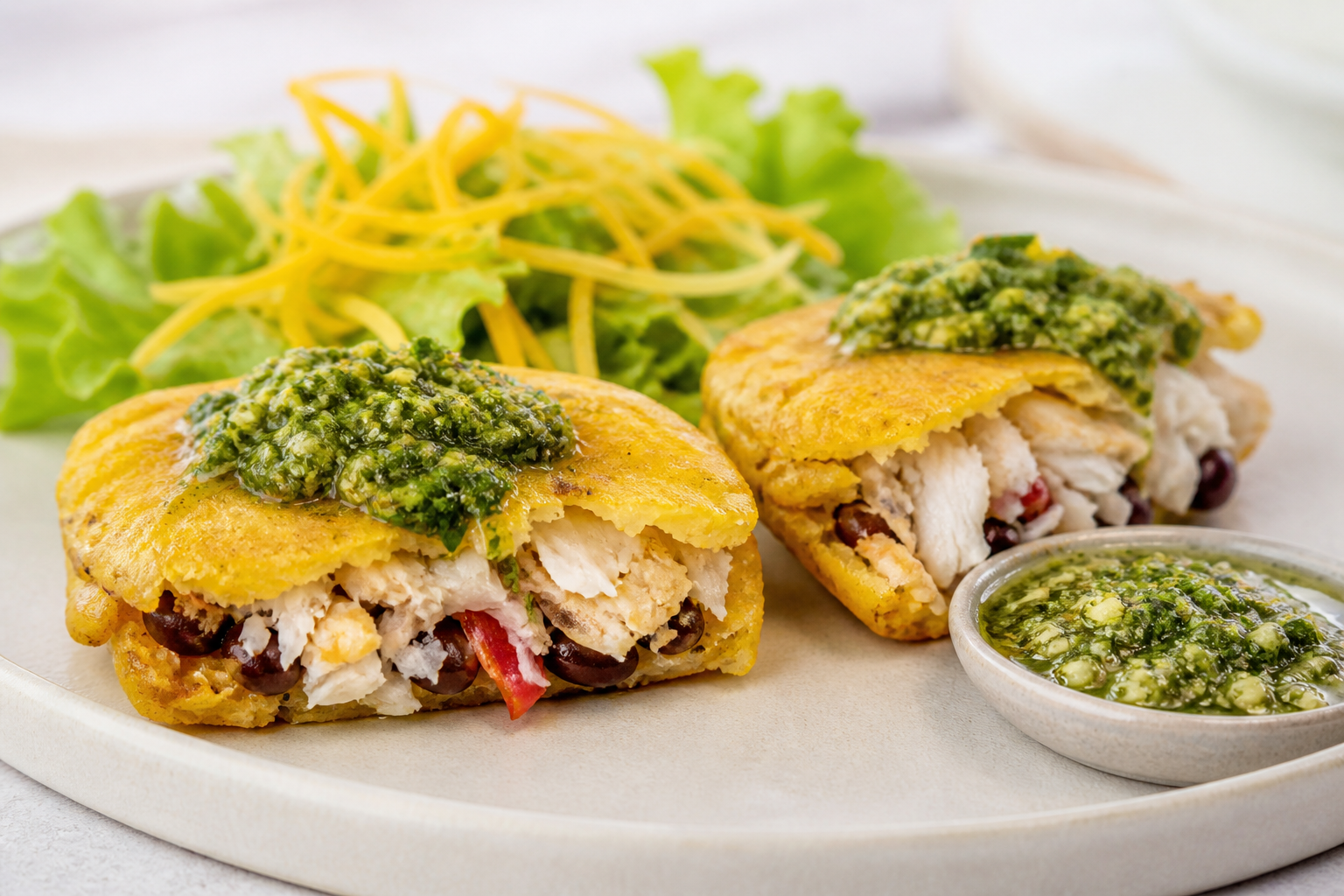 Stuffed Tostones with Sea Pabellón and Green Mango Guasacaca