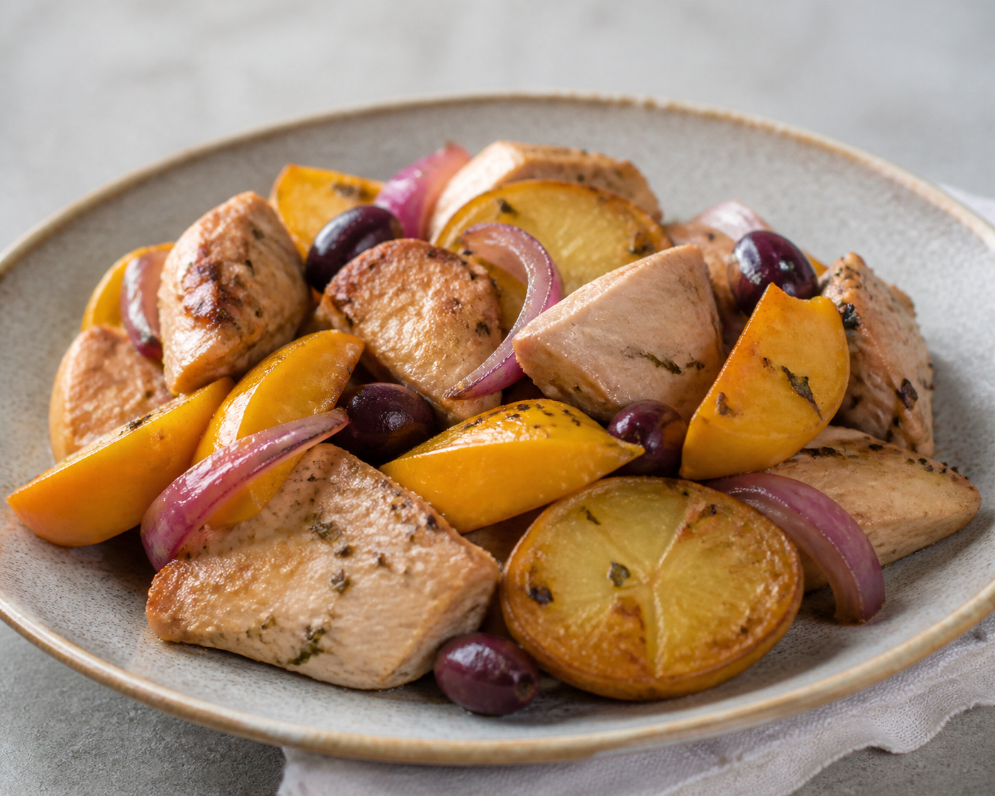 Criollo Turkey Stir-Fry with Loche Squash, Botija Olives, and Oregano Roasted Potatoes