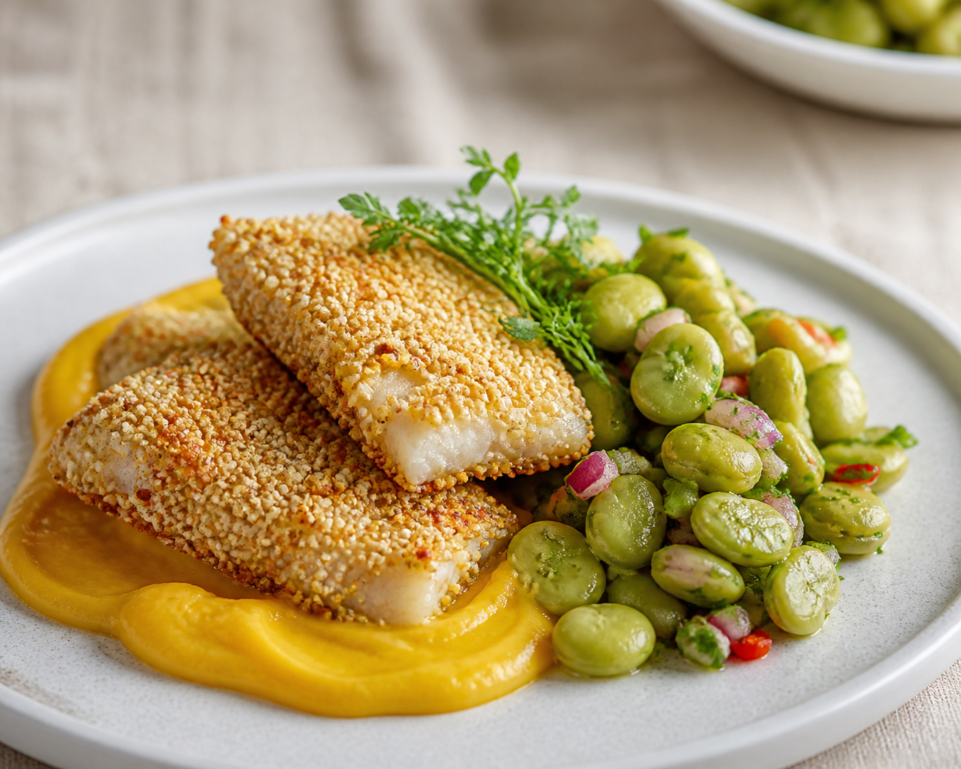 Pescado al Horno en Costra de Kiwicha con Crema de Choclo al Ají Amarillo y Ensalada Tibia de Habas