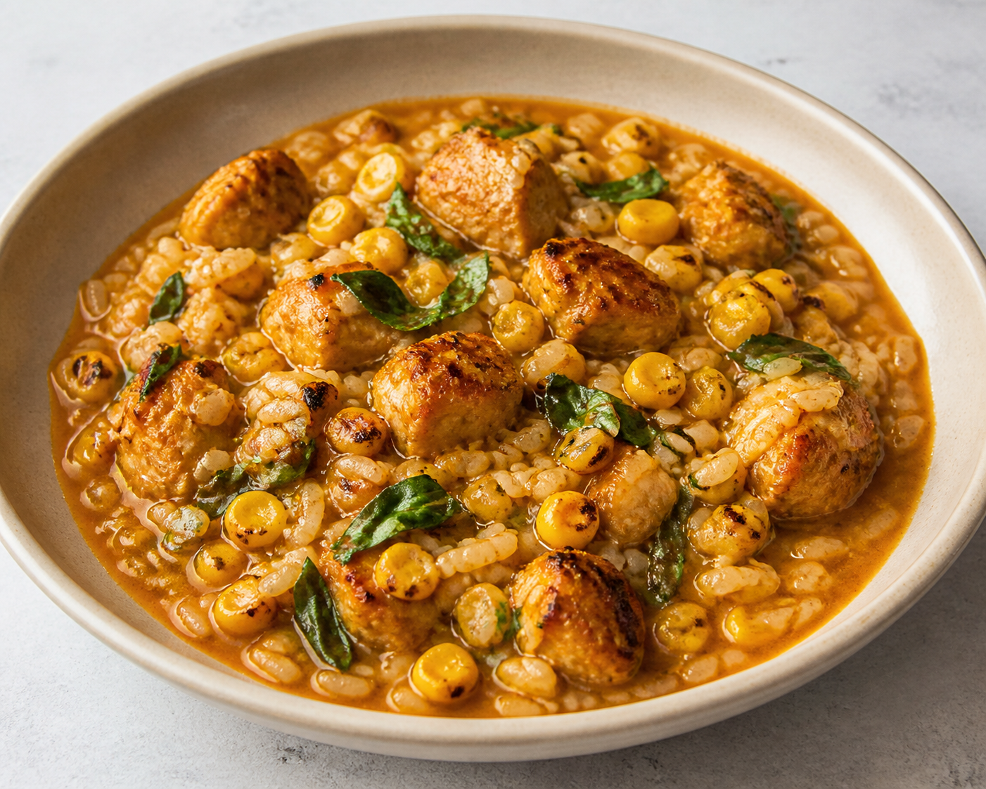 Arroz Caldoso Criollo con Pollo al Pimentón, Choclo Dorado y Albahaca