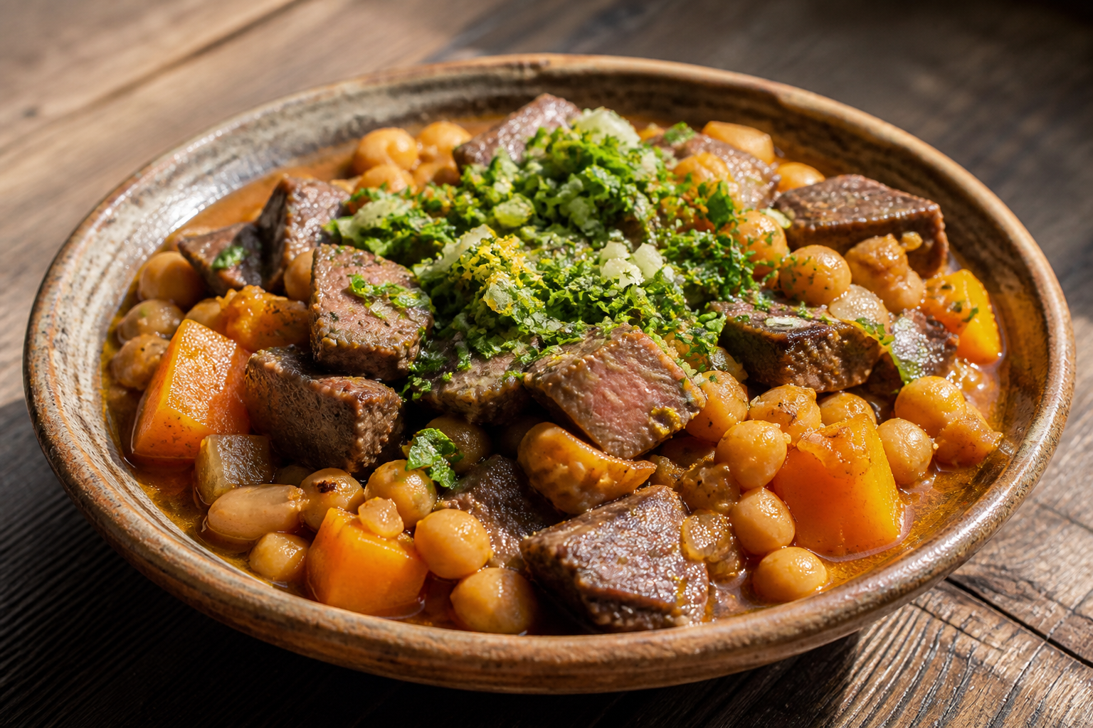 Pampas Chickpea Stew with Seared Roast Beef, Roasted Pumpkin, and Parsley Lemon Gremolata