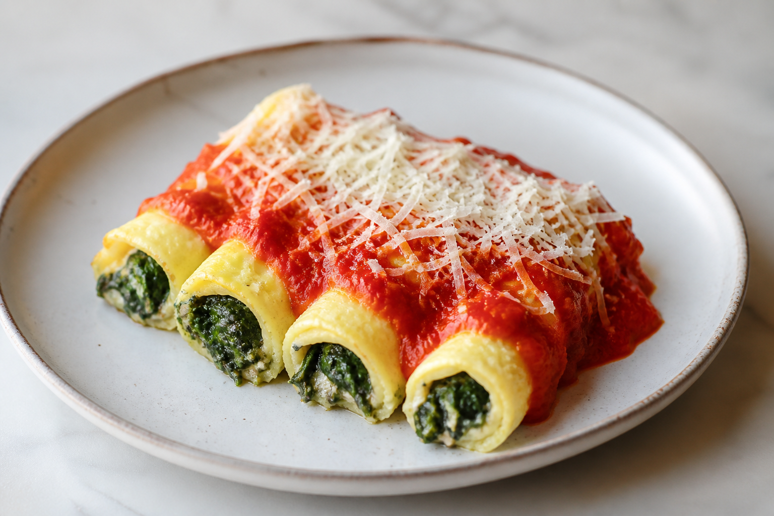 Canelones Pampeanos de Mandioca y Espinaca con Salsa de Morrón Asado y Queso Sardo