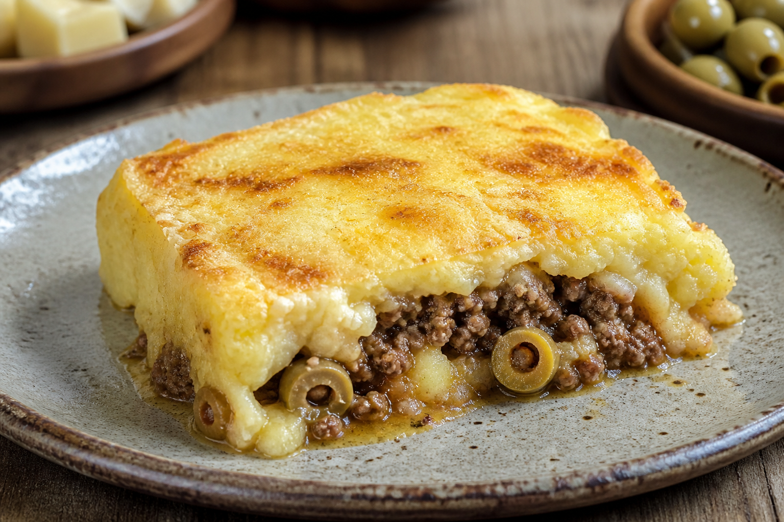 Pampas Cassava Shepherd’s Pie with Mild Chili Beef, Green Olives, and Soft Cheese