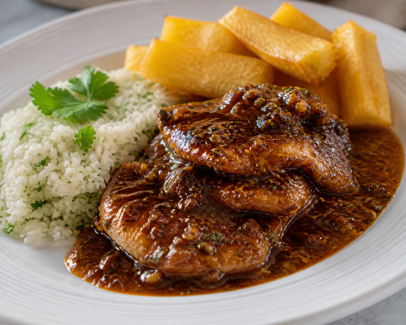 Cuban Pork Chops in Tamarind Garlic Sauce with Cilantro Rice and Golden Yuca
