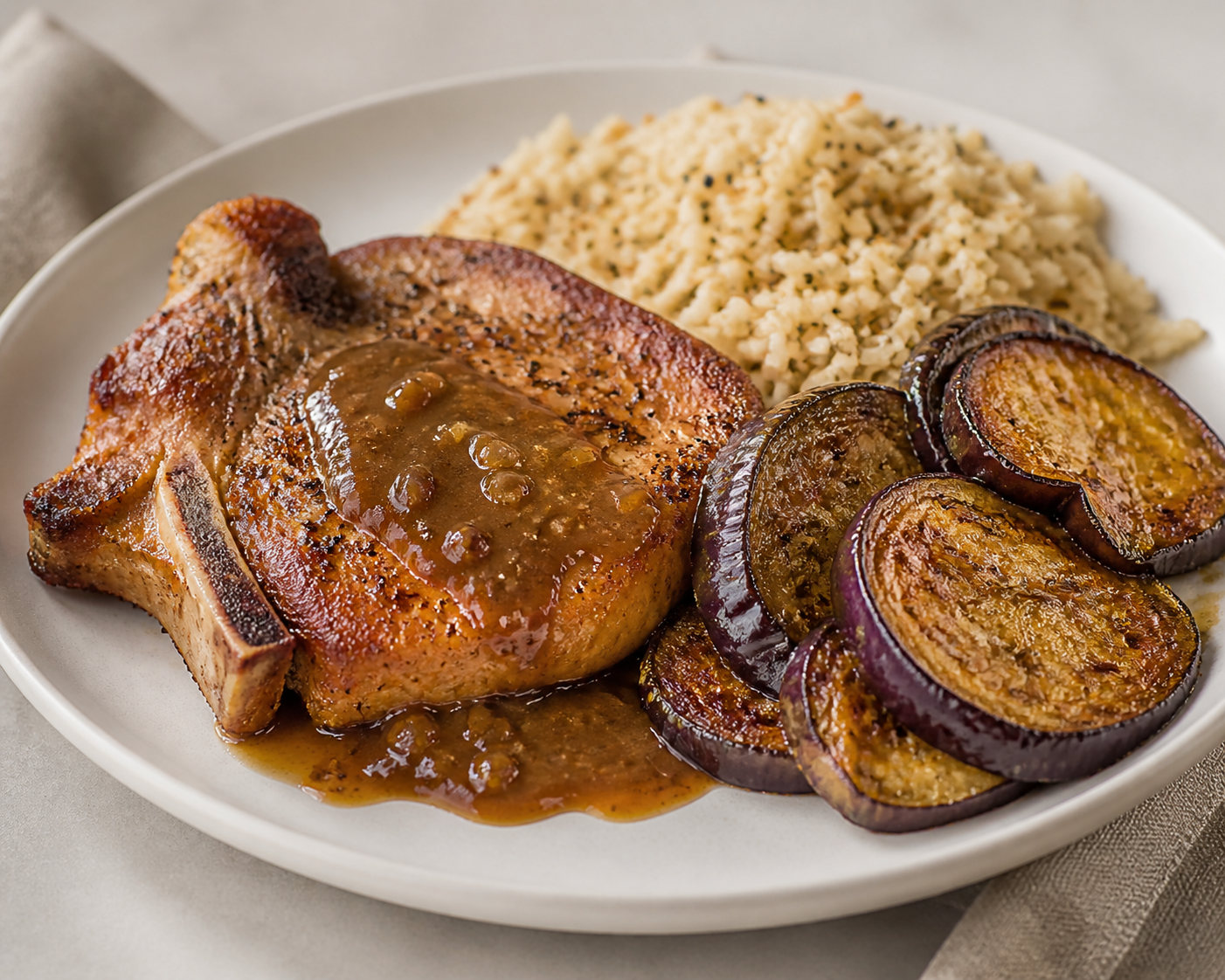 Chuletas Ahumadas a la Cubana con Mojo de Tamarindo, Arroz de Ajonjolí Tostado y Berenjena al Comino